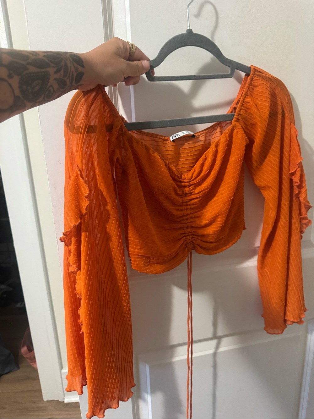 Zara Bright Orange Ruched Long-Sleeve Crop Top